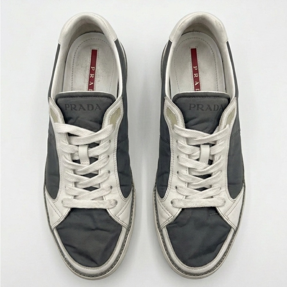 Prada 4E2124 Re-Nylon & Brushed Leather Sneakers - Grey/White - Size 8